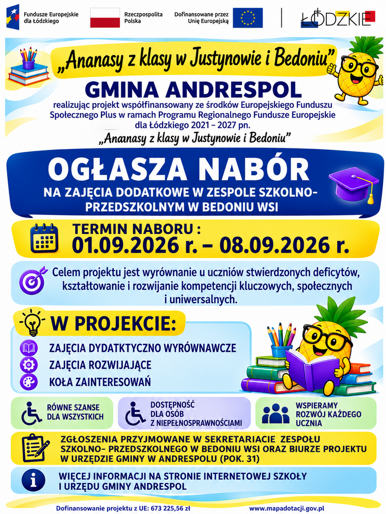 Plakat dotyczący projekty Ananasy z klasy w Justynowie i w Bedoniu